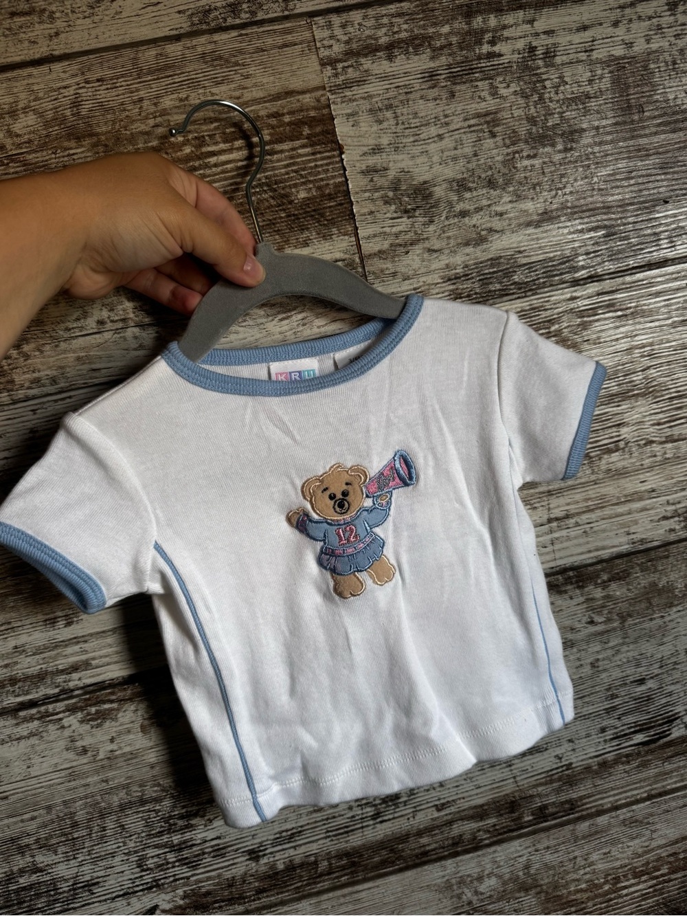 Vintage Kids White Tee with Blue Trim and Cheerful Bear Applique